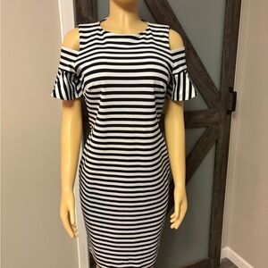 Calvin Klein Black and White Striped Dress shoulder Stretch 6   #26